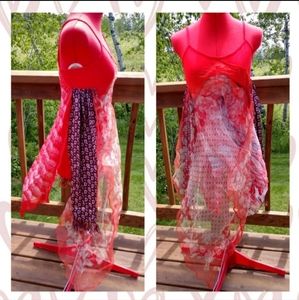 Upcycled red scarf top tunic XS festival artsy flowy fairy